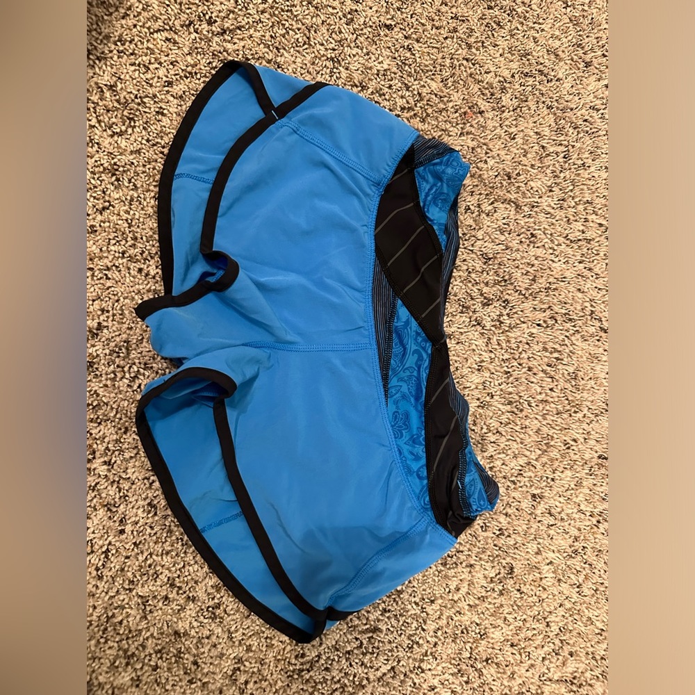 Blue Lululemon shorts with design on waistband